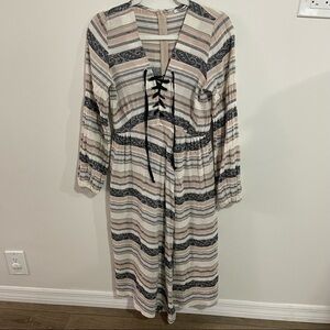 Uterqüe Bohemian Hippie Long Sleeve Cream Cottagecore Cotton Midi dress Size S